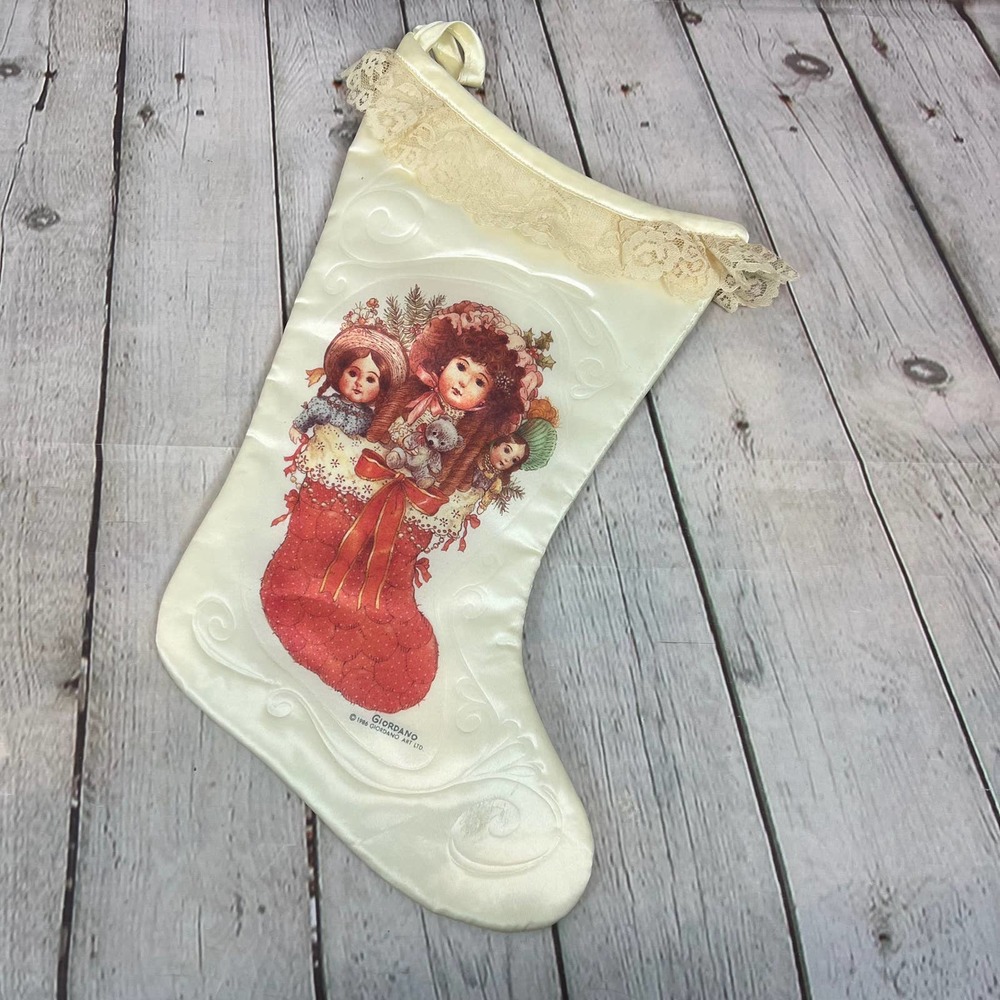 Vintage 80s Victorian Style Lace Trim Christmas Stocking By Giordano Art Ltd.